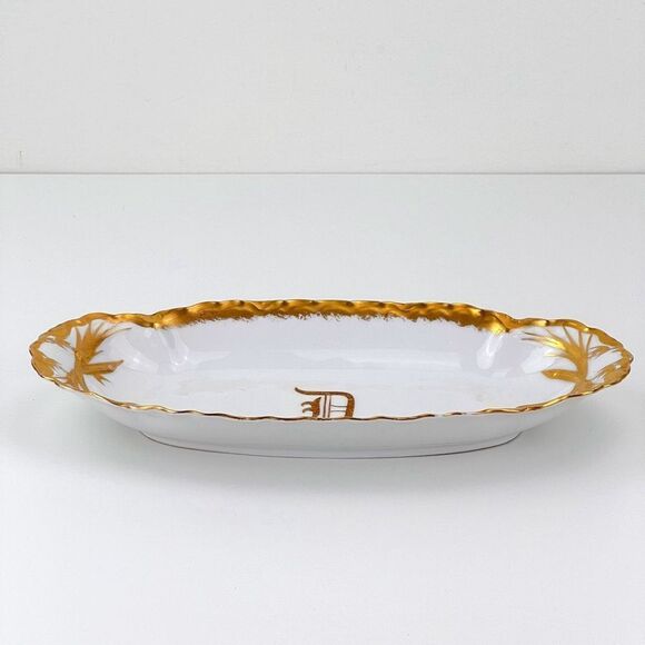 Antique Germany Gold Trim Porcelain Monogram Serving Bowl Dish - Picture 2 of 11